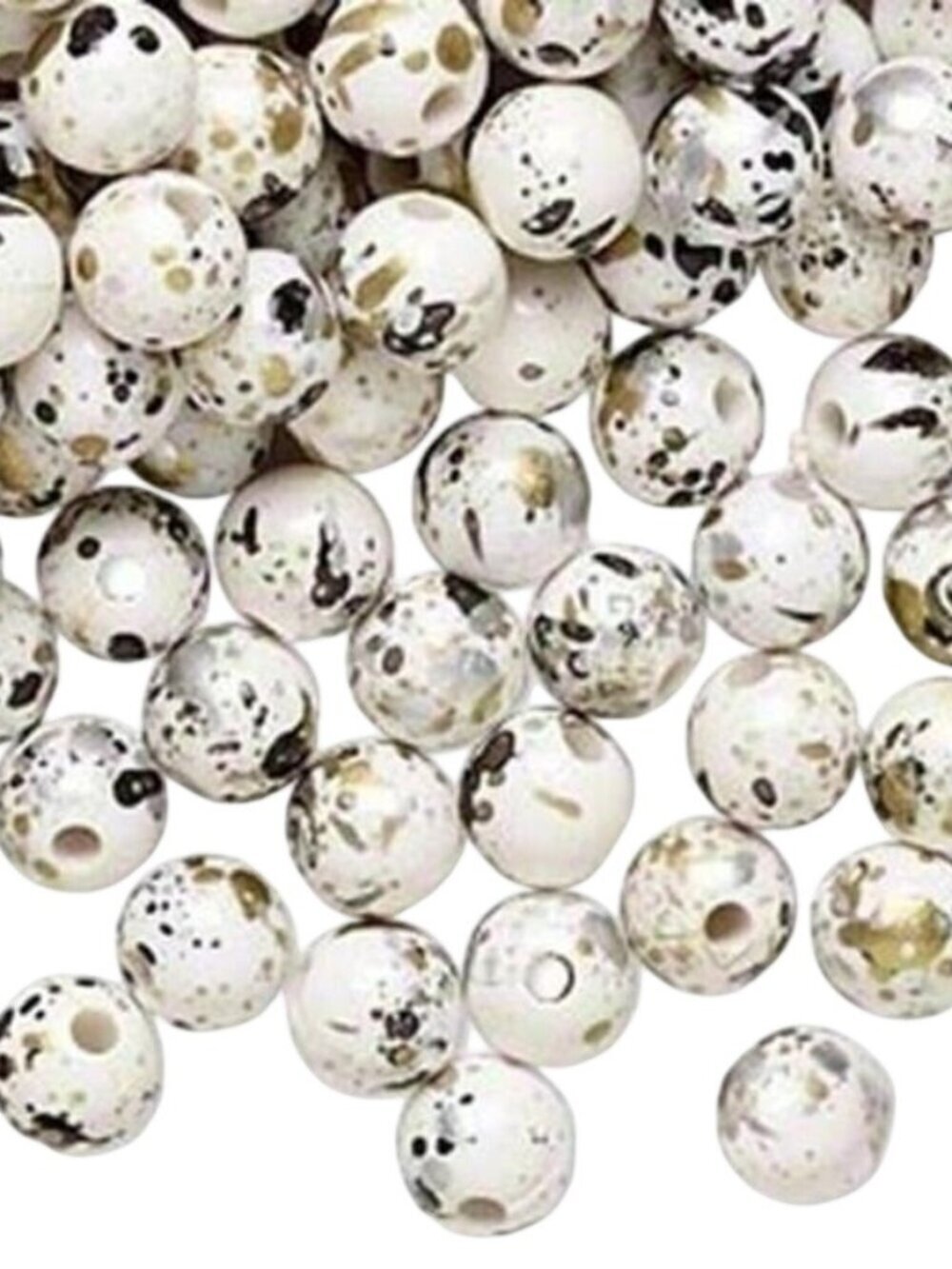 100 Pale Grey Silver Gold & Black Paint Spattered 80s Retro 6mm Round Beads
